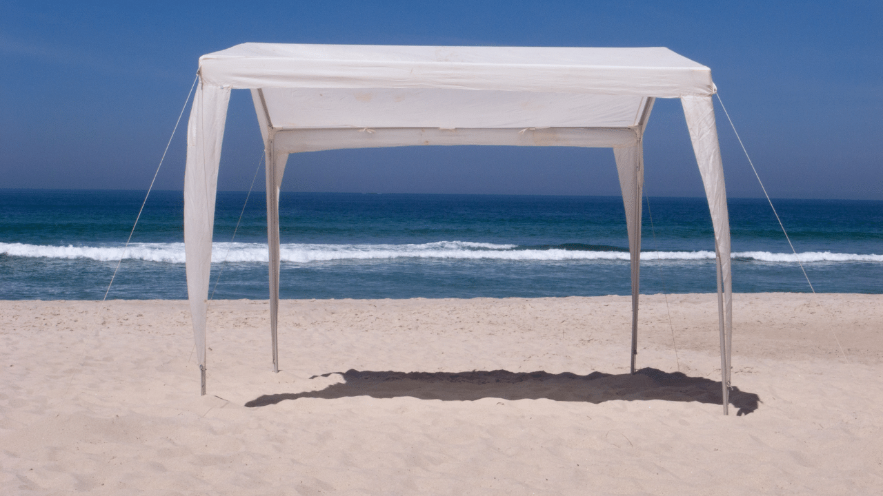 A beach shelter on a white beach